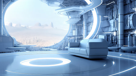 3D rendering of a futuristic living room with a view of the mountainsの素材