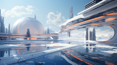 3D rendering of futuristic sci-fi city in the sky.の素材