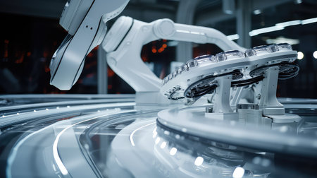 Robotic arm production line. Industrial background. 3d rendering.の素材