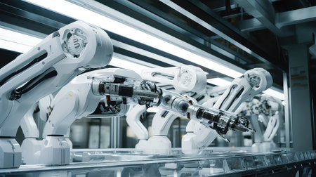 Industrial robot arm in factory production line. Concept of artificial intelligence. 3D renderingの素材