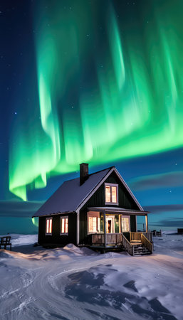 Aurora borealis, northern light over a house in winterの素材