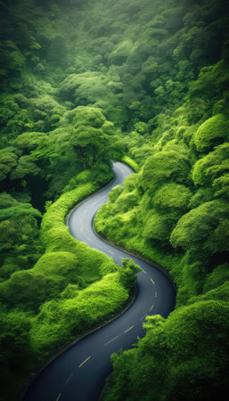 Mountain road in green forest. Nature landscape background. 3d renderingの素材