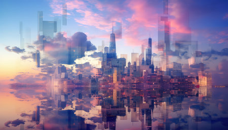 Futuristic cityscape with skyscrapers and clouds at sunsetの素材