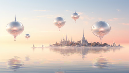 City skyline with balloons in the sky. 3d render illustration.の素材