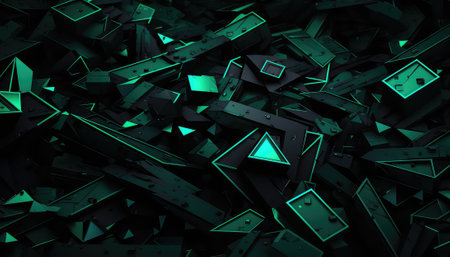 3d rendering of abstract geometric shapes in black and green color.の素材