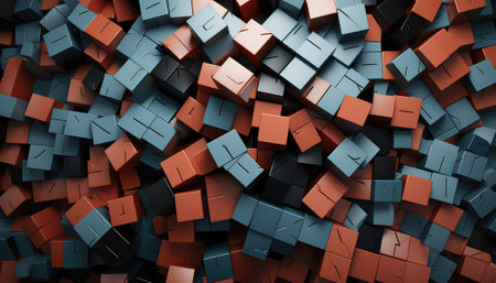3d rendering of abstract cubes background in black and orange colors.の素材