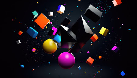 3d rendering of abstract geometric composition with cubes and flying colorful ballsの素材