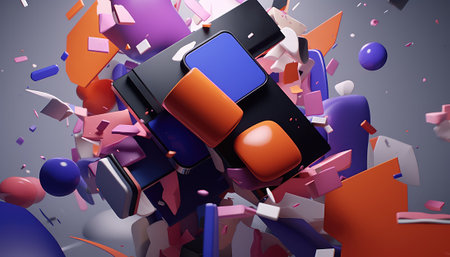 3d render of a group of mobile phones with colorful abstract backgroundの素材