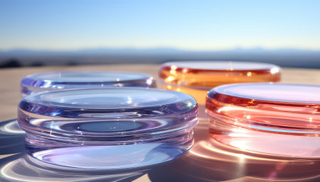 3d render of three glass vials with liquid inside, illuminated by sunlightの素材