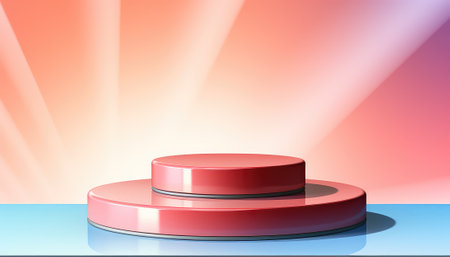 Red podium on a blue and pink background. 3d rendering.の素材