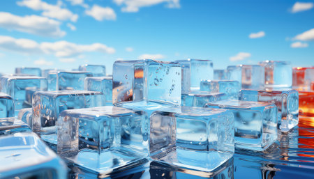 Ice cubes on blue sky background. 3d illustration. Global warming conceptの素材
