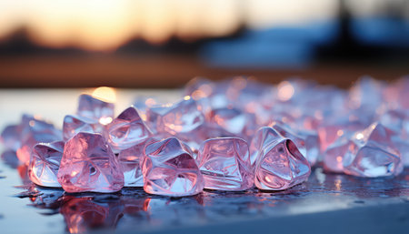 Close up of ice cubes on a table in front of sunset.の素材