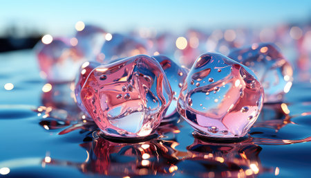 Transparent ice cubes on the water surface. 3d illustration.の素材