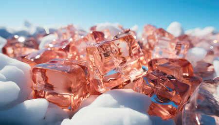 Ice cubes on snow. Ice cubes background. Ice cubes on snowの素材