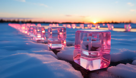Ice cubes on a frozen lake at sunset in winter. Beautiful winter landscape.の素材