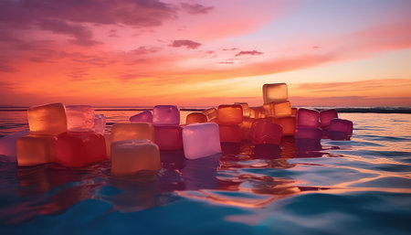 Colorful ice cubes floating in the sea at sunset. 3d renderingの素材