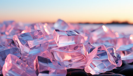 Ice cubes on the frozen lake at sunset. Close-up.の素材