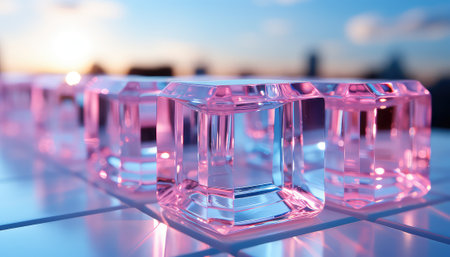 Ice cubes in the city at sunset. 3d render illustration.の素材