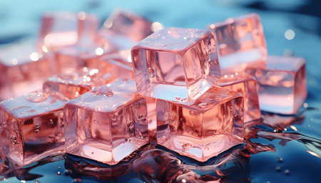 Ice cubes on water surface with bokeh background, close upの素材