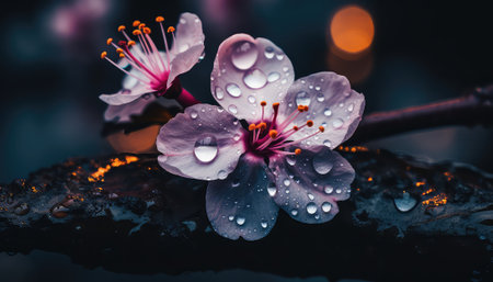 Beautiful blooming cherry tree branch with water drops on blurred backgroundの素材