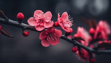 Beautiful blooming sakura flowers on dark background. Toned.の素材