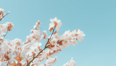 Beautiful cherry blossom sakura in spring time on blue sky backgroundの素材