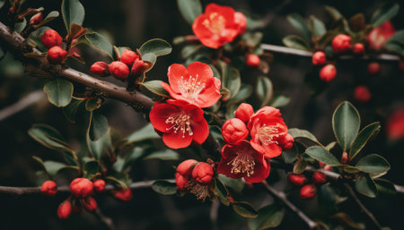 Red flowers of Japanese quince, Chaenomeles japonicaの素材
