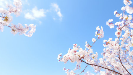Cherry blossoms in full bloom on blue sky background with copy spaceの素材
