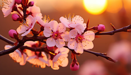 Beautiful blooming branch of apricot tree on sunset backgroundの素材
