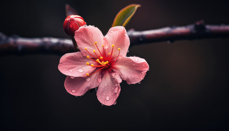 cherry blossom on dark background with water drops and copy spaceの素材