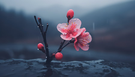 cherry blossom in rainy day with water droplets on the waterの素材