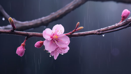 cherry blossom in rainy season, pink flower with rain dropsの素材