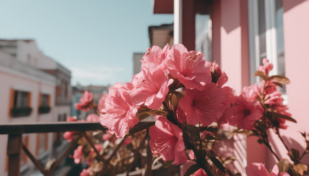 Pink azalea flowers on the terrace of a house.の素材