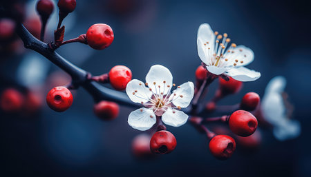 Beautiful blooming branch of cherry with red berries on a dark backgroundの素材