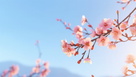 cherry blossom in spring time with blue sky and mountain backgroundの素材
