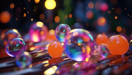 3d render of colorful soap bubbles with bokeh background.の素材
