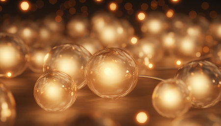 Abstract gold christmas balls on bokeh background. 3D renderingの素材