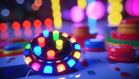 colorful LED lights on the table with bokeh background.の素材
