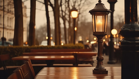 Vintage street lamp on a table in the evening in the cityの素材