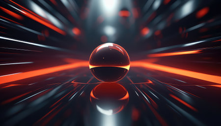 abstract 3d illustration of glass ball in space with red raysの素材