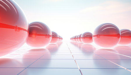 3d render of red sphere in a row with blue sky backgroundの素材