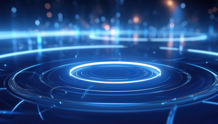 abstract blue background with glowing neon circles, 3d render illustrationの素材