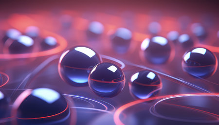 3d illustration of abstract background with blue balls in red light.の素材