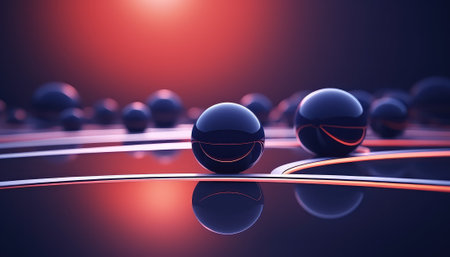 Abstract 3d rendering of black spheres with reflection. Futuristic background.の素材