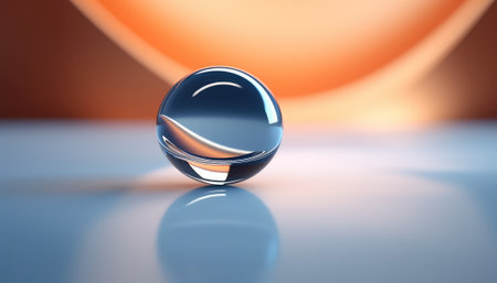 3d rendering of a crystal ball on a reflective surface with an orange backgroundの素材