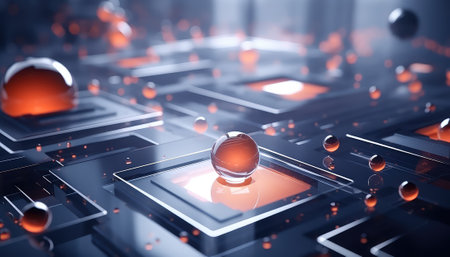 3d render of abstract technology background with glass ball and circuit boardの素材