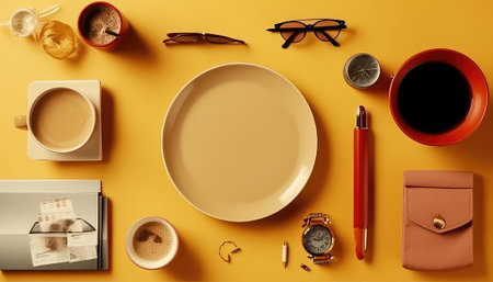 Tabletop Flat Lay Composition with Various Accessoriesの素材