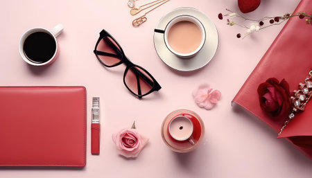 Tabletop Flat Lay Composition with Various Accessoriesの素材