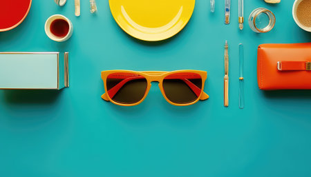 Tabletop Flat Lay Composition with Various Accessoriesの素材