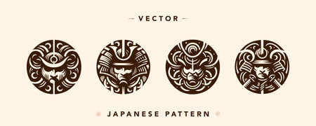 Vector Samurai Icon Set with Japanese Patternsのイラスト素材